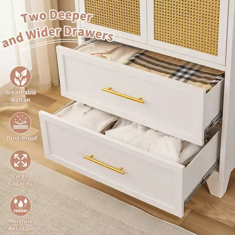 65" Rattan Armoire Wardrobe Closet with 2 Drawers, 2 Doors, Hanging Rod, White