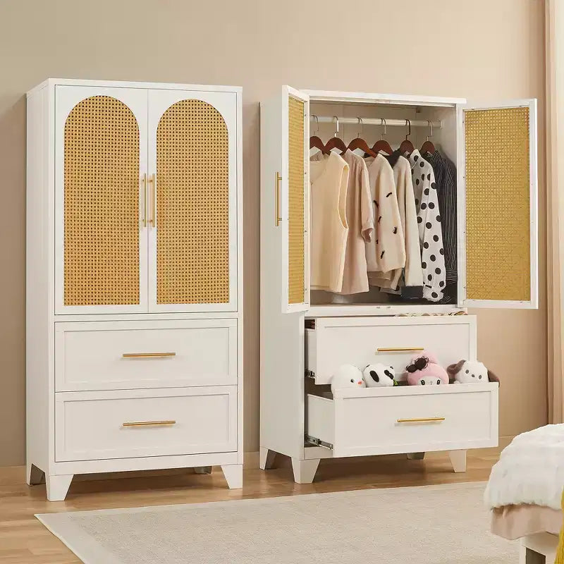 65" Rattan Armoire Wardrobe Closet with 2 Drawers, 2 Doors, Hanging Rod, White