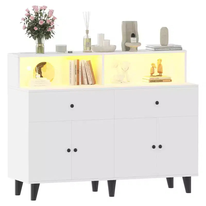 51 in Storage Cabinet with Power Outlets, Wood Coffee Bar Station Table with Drawers and Adjustable Shelves