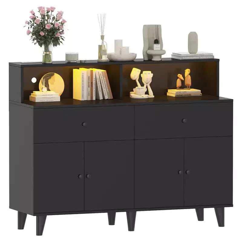 51 in Storage Cabinet with Power Outlets, Wood Coffee Bar Station Table with Drawers and Adjustable Shelves