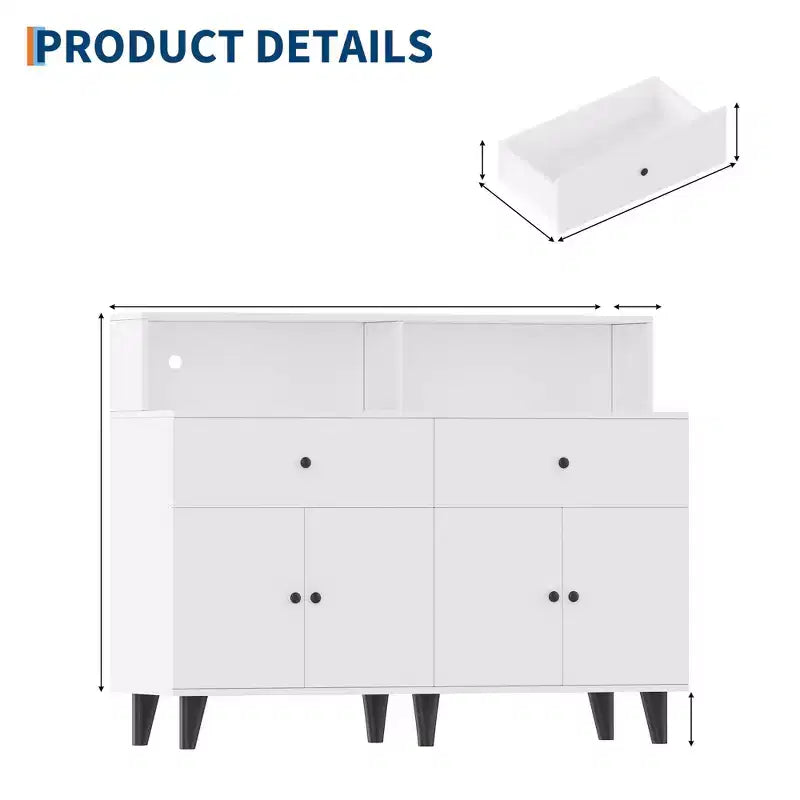 51 in Storage Cabinet with Power Outlets, Wood Coffee Bar Station Table with Drawers and Adjustable Shelves