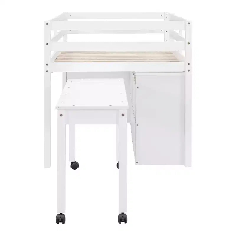 Low Loft Bed with Retractable Desk, 4 Drawers and 4 Shelves, Space-Saving Wood Bed Frame