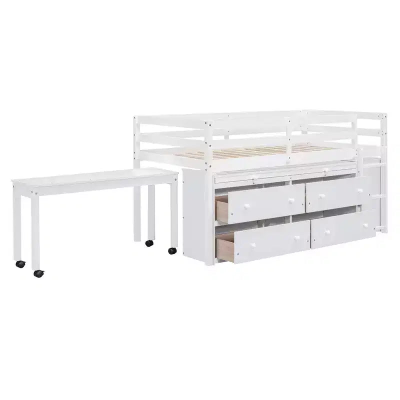 Low Loft Bed with Retractable Desk, 4 Drawers and 4 Shelves, Space-Saving Wood Bed Frame