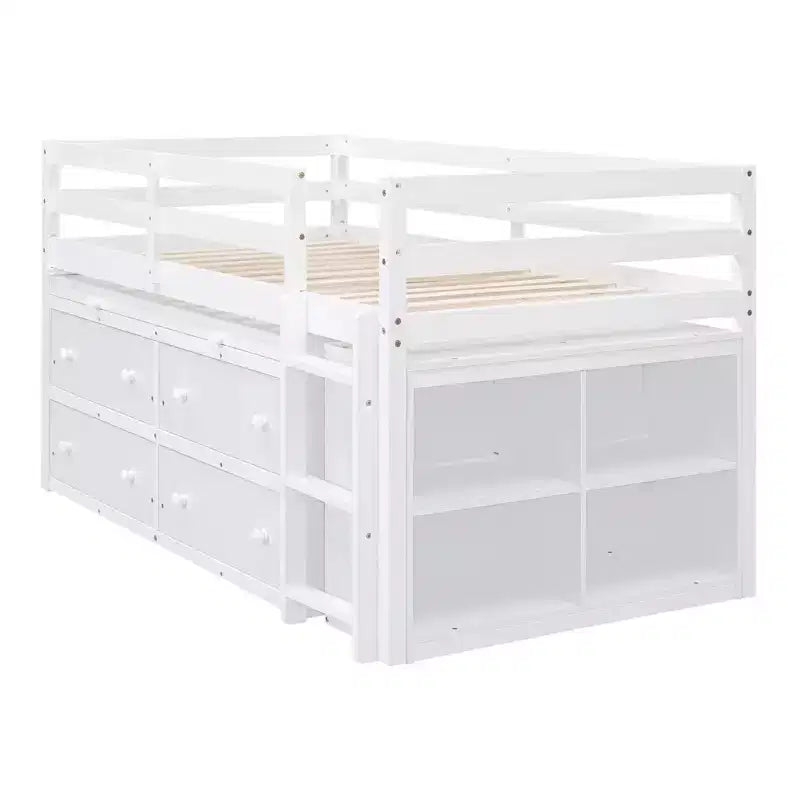 Low Loft Bed with Retractable Desk, 4 Drawers and 4 Shelves, Space-Saving Wood Bed Frame