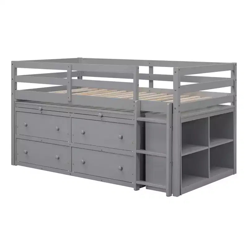 Low Loft Bed with Retractable Desk, 4 Drawers and 4 Shelves, Space-Saving Wood Bed Frame
