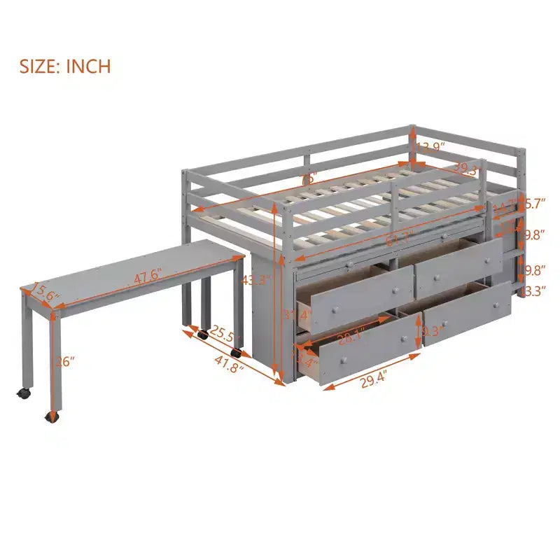 Low Loft Bed with Retractable Desk, 4 Drawers and 4 Shelves, Space-Saving Wood Bed Frame