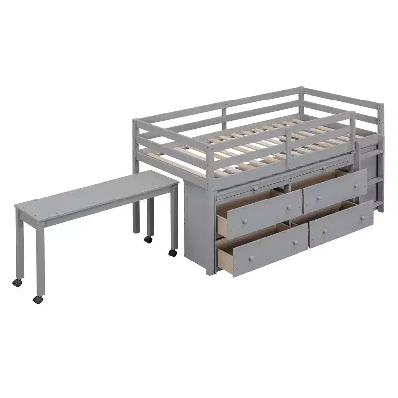 Low Loft Bed with Retractable Desk, 4 Drawers and 4 Shelves, Space-Saving Wood Bed Frame