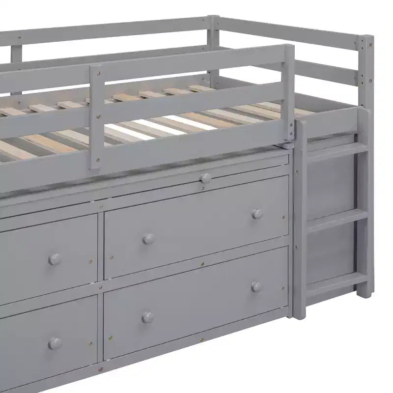 Low Loft Bed with Retractable Desk, 4 Drawers and 4 Shelves, Space-Saving Wood Bed Frame