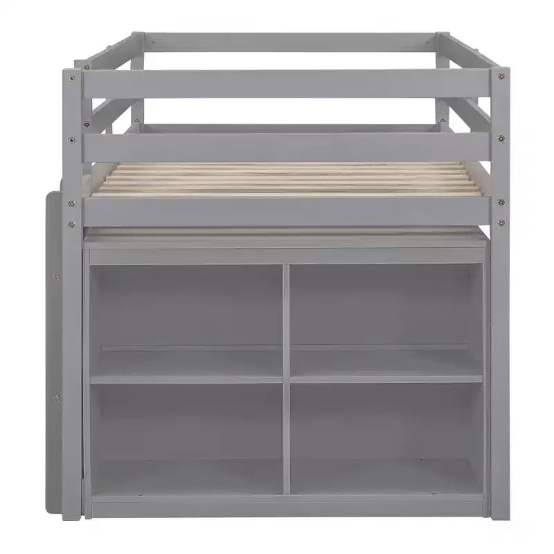 Low Loft Bed with Retractable Desk, 4 Drawers and 4 Shelves, Space-Saving Wood Bed Frame