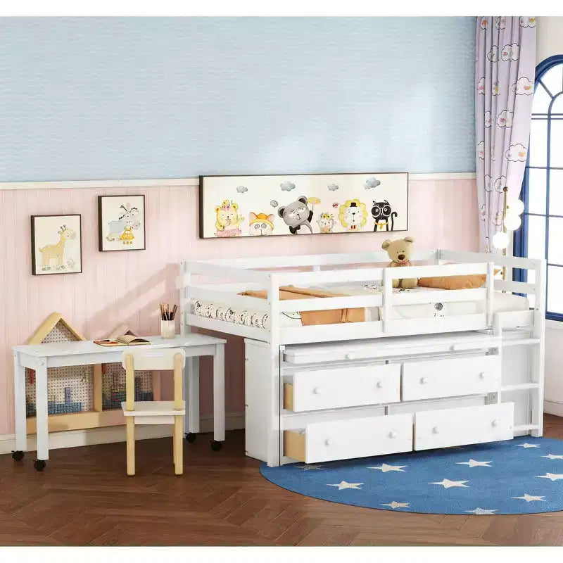 Low Loft Bed with Retractable Desk, 4 Drawers and 4 Shelves, Space-Saving Wood Bed Frame