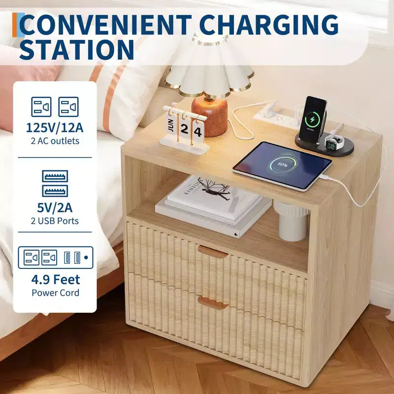 Fluted Farmhouse Night Stand with Charging Station  23 Mid-Century Modern 2-Drawer End Table for Bedroom