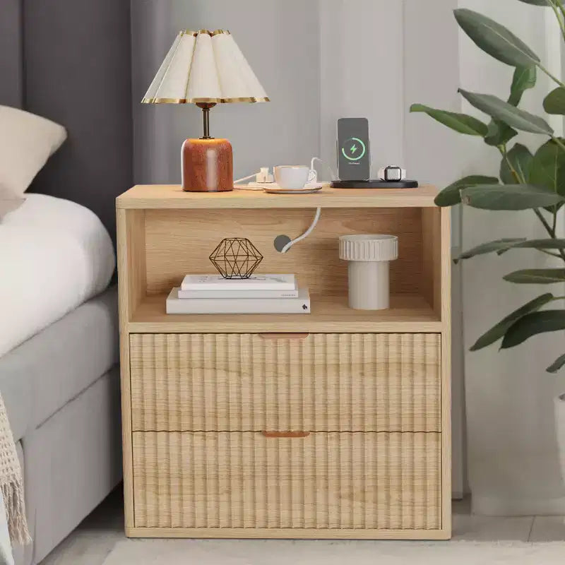 Fluted Farmhouse Night Stand with Charging Station  23 Mid-Century Modern 2-Drawer End Table for Bedroom