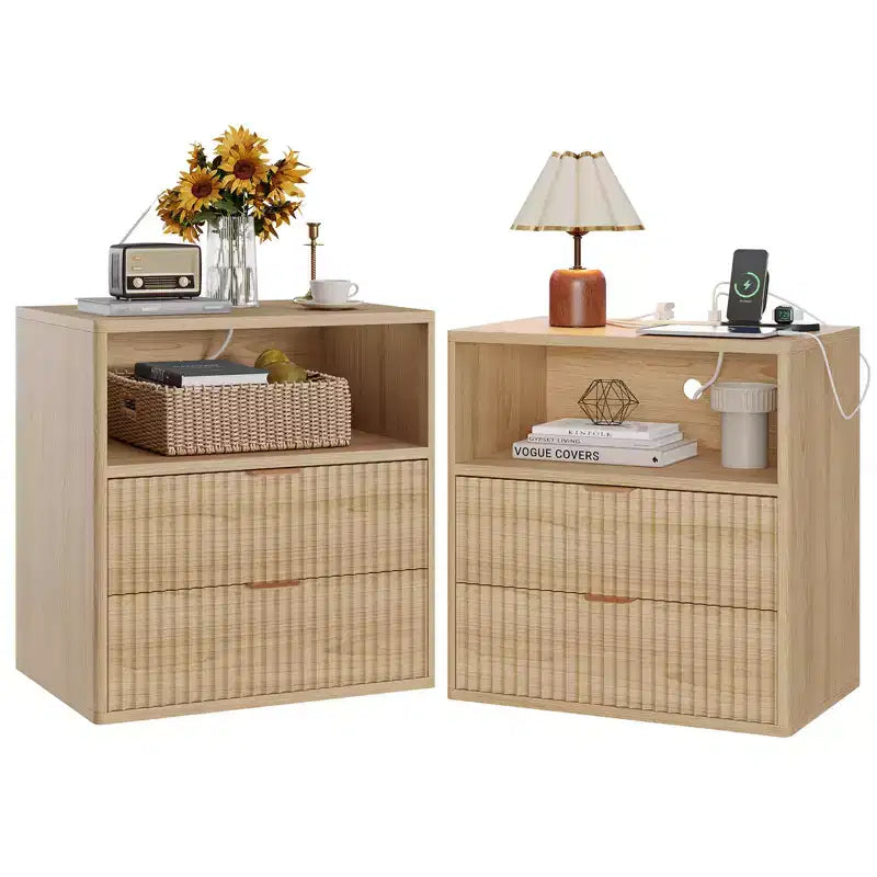 Fluted Farmhouse Night Stand with Charging Station  23 Mid-Century Modern 2-Drawer End Table for Bedroom
