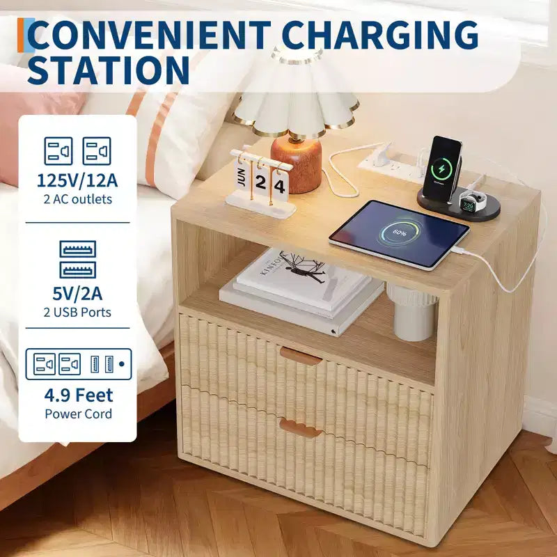 Fluted Farmhouse Night Stand with Charging Station  23 Mid-Century Modern 2-Drawer End Table for Bedroom