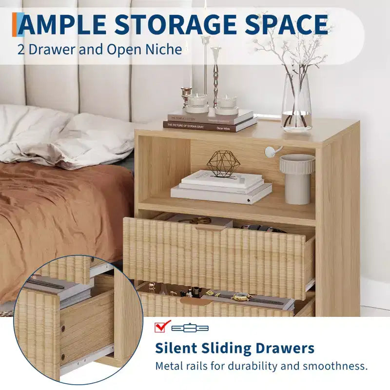 Fluted Farmhouse Night Stand with Charging Station  23 Mid-Century Modern 2-Drawer End Table for Bedroom