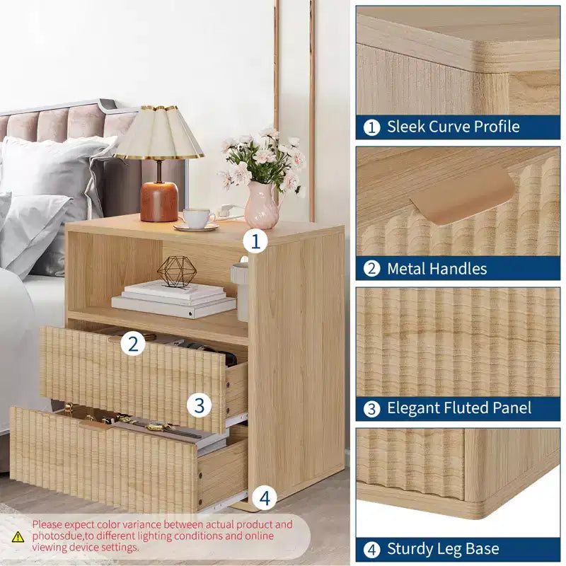 Fluted Farmhouse Night Stand with Charging Station  23 Mid-Century Modern 2-Drawer End Table for Bedroom
