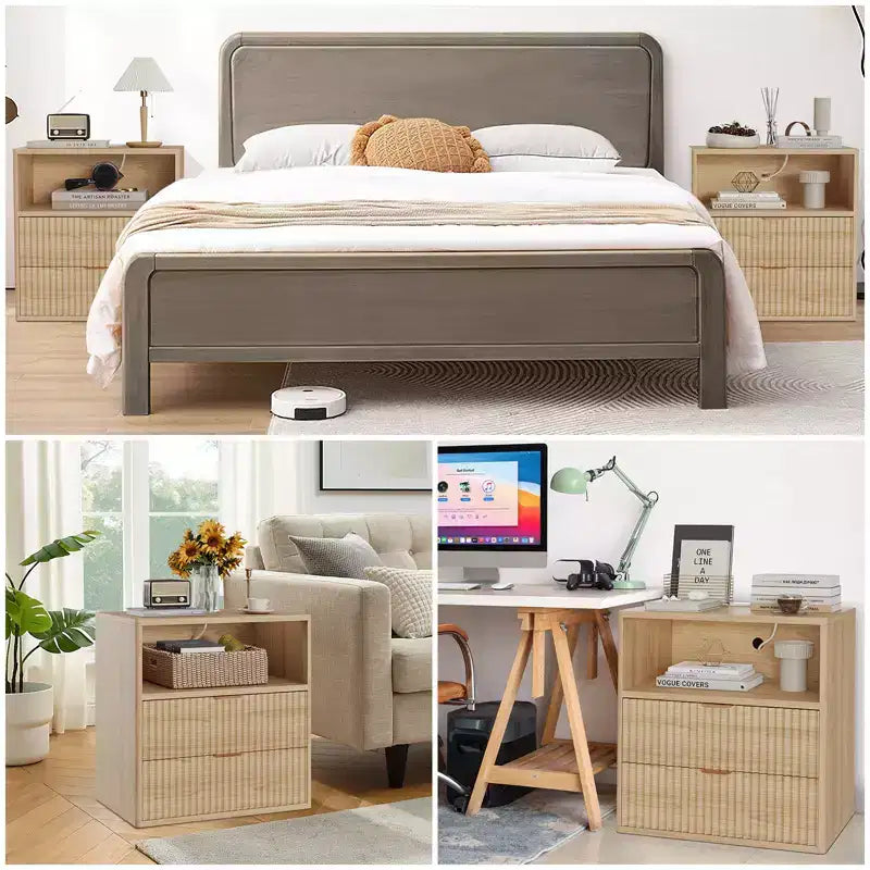 Fluted Farmhouse Night Stand with Charging Station  23 Mid-Century Modern 2-Drawer End Table for Bedroom