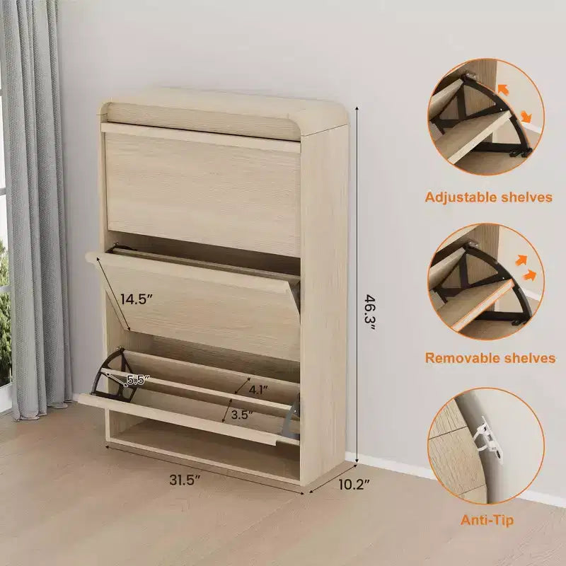 Shoe Cabinet with 3 Flip Drawers, Wooden Shoe Cabinet with Adjustable Shelf, Hidden Shoe Cabinet for Hallway, Shoe Storage for Entryway