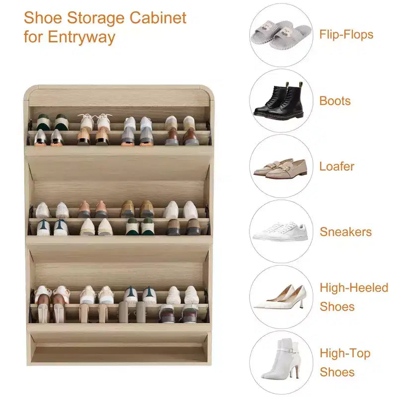 Shoe Cabinet with 3 Flip Drawers, Wooden Shoe Cabinet with Adjustable Shelf, Hidden Shoe Cabinet for Hallway, Shoe Storage for Entryway
