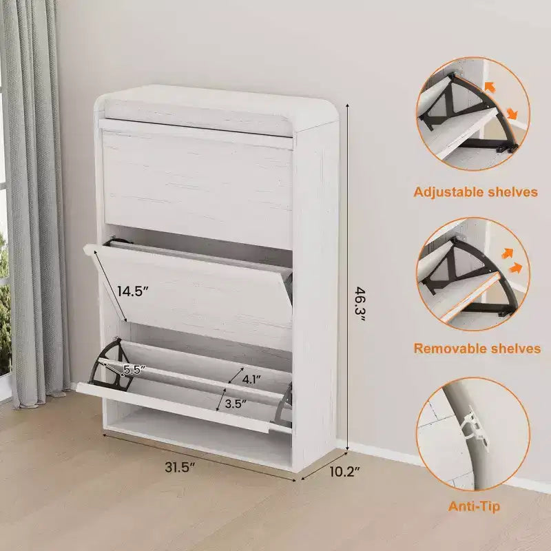 Shoe Cabinet with 3 Flip Drawers, Wooden Shoe Cabinet with Adjustable Shelf, Hidden Shoe Cabinet for Hallway, Shoe Storage for Entryway