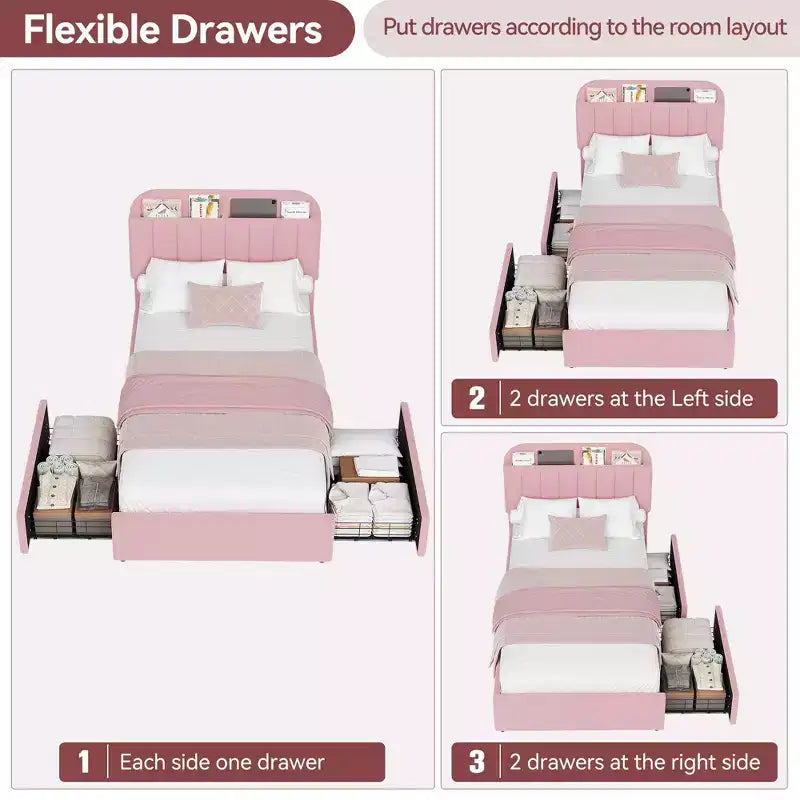 Twin Bed Frame with Headboard, 2 Flexible Drawers and Bookcase for Kids Room, Pink
