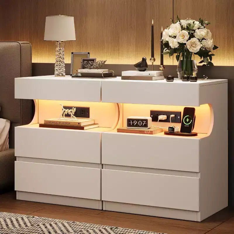 White Nightstand with LED Light and Charging Station, 3-Drawer Bedside Table with USB Ports