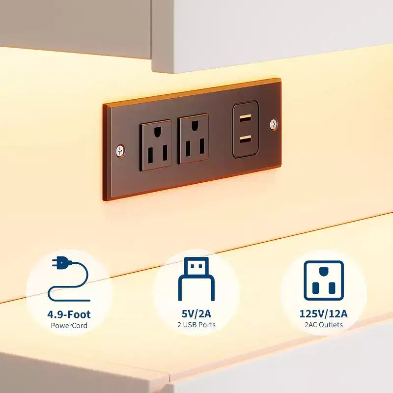 White Nightstand with LED Light and Charging Station, 3-Drawer Bedside Table with USB Ports