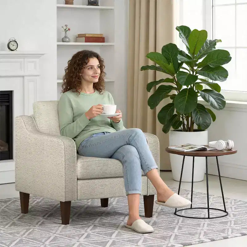 Accent Chair, Beige Linen Fabric Upholstered Armchair with Scooped Arms, Comfortable Single Sofa Chair for Living Room, Bedroom, Apartment, Office