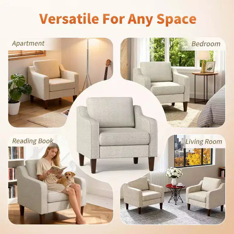 Accent Chair, Beige Linen Fabric Upholstered Armchair with Scooped Arms, Comfortable Single Sofa Chair for Living Room, Bedroom, Apartment, Office