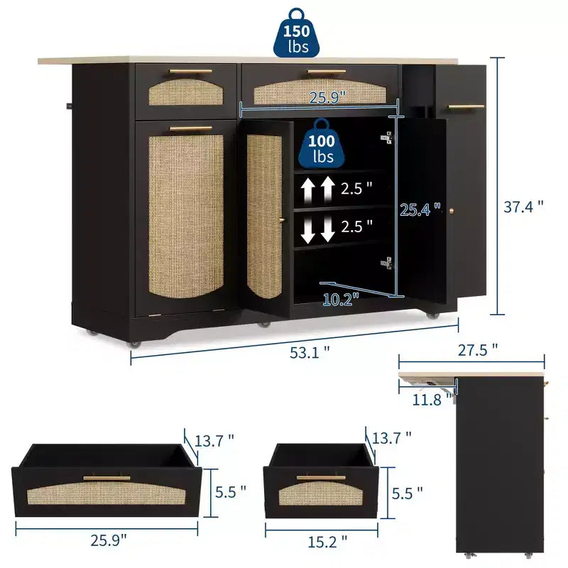 Modern Kitchen Island on Wheels, Multifunctional Kitchen Island Cart with Trash Storage Cabinet, 2 Drawer, Spice Rack, Drop Leaf for Kitchen