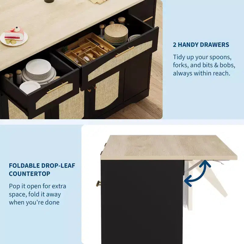 Modern Kitchen Island on Wheels, Multifunctional Kitchen Island Cart with Trash Storage Cabinet, 2 Drawer, Spice Rack, Drop Leaf for Kitchen