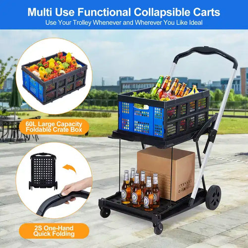 2 Tier Collapsible Shopping Cart On Wheels
