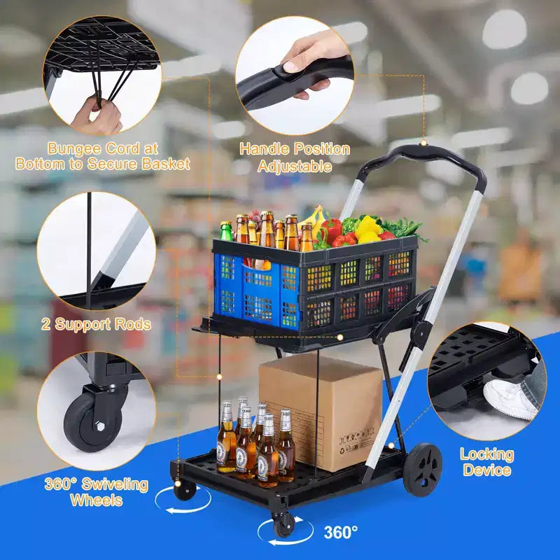 2 Tier Collapsible Shopping Cart On Wheels