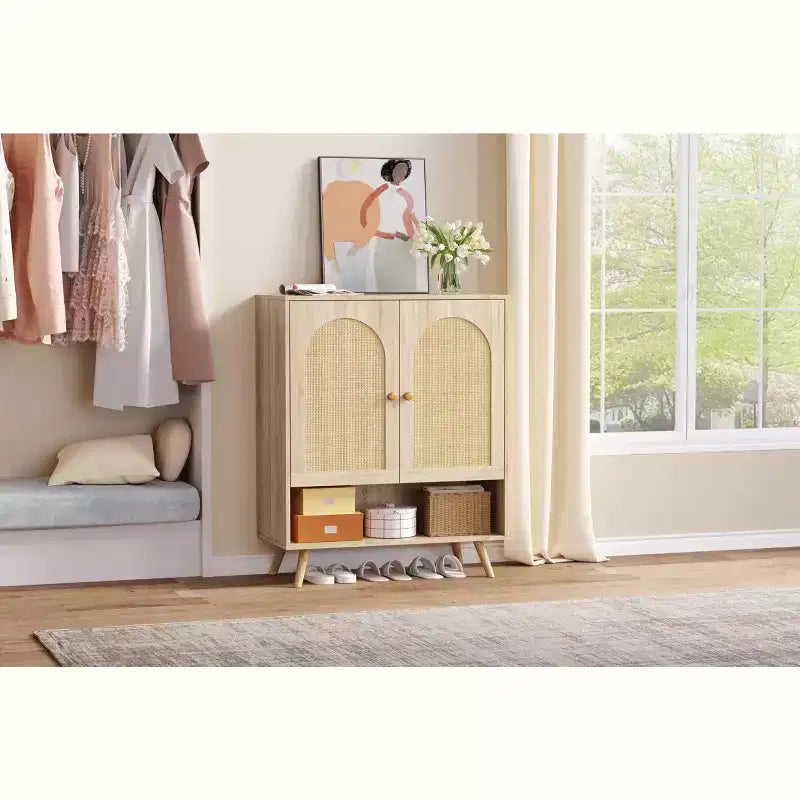 Shoe Rack Organizer, 4-Tier Wooden Shoe Storage Cabinet with Adjustable Shelves & Rattan Doors, Slim Oak Rack for Hallway Living Room