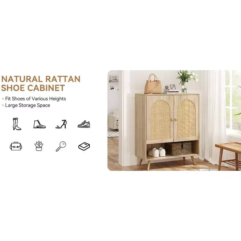 Shoe Rack Organizer, 4-Tier Wooden Shoe Storage Cabinet with Adjustable Shelves & Rattan Doors, Slim Oak Rack for Hallway Living Room