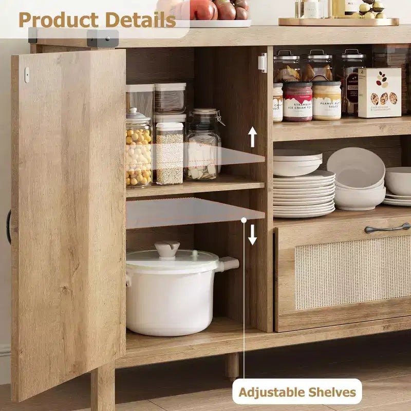 Sideboard Cabinet, 59.1 Rattan Farmhouse Buffet with Drawer & Open Shelves, Boho Storage for Dining Living Room