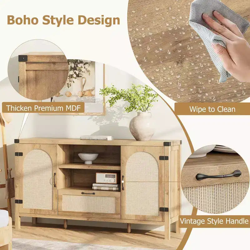 Sideboard Cabinet, 59.1 Rattan Farmhouse Buffet with Drawer & Open Shelves, Boho Storage for Dining Living Room