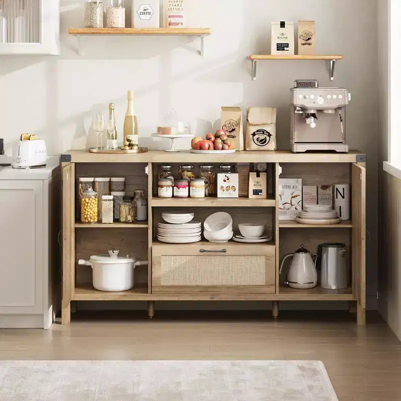 Sideboard Cabinet, 59.1 Rattan Farmhouse Buffet with Drawer & Open Shelves, Boho Storage for Dining Living Room