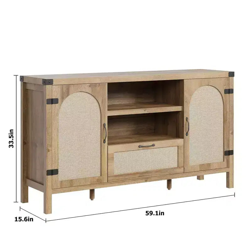 Sideboard Cabinet, 59.1 Rattan Farmhouse Buffet with Drawer & Open Shelves, Boho Storage for Dining Living Room
