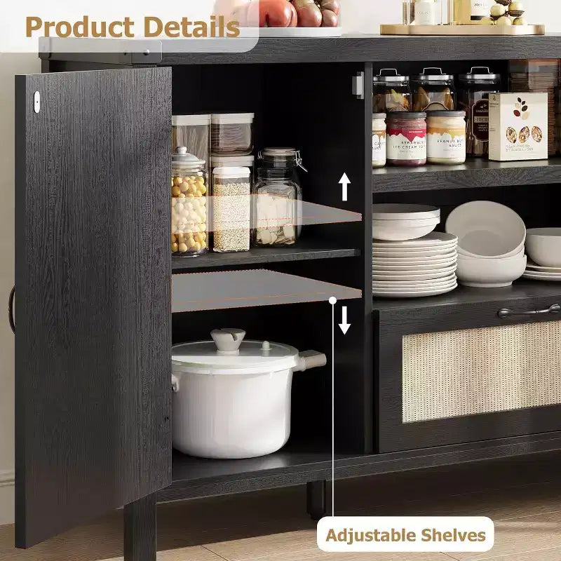 Sideboard Cabinet, 59.1 Rattan Farmhouse Buffet with Drawer & Open Shelves, Boho Storage for Dining Living Room