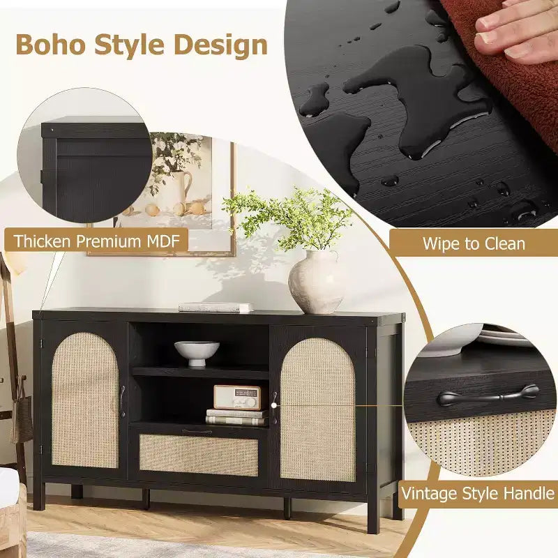 Sideboard Cabinet, 59.1 Rattan Farmhouse Buffet with Drawer & Open Shelves, Boho Storage for Dining Living Room