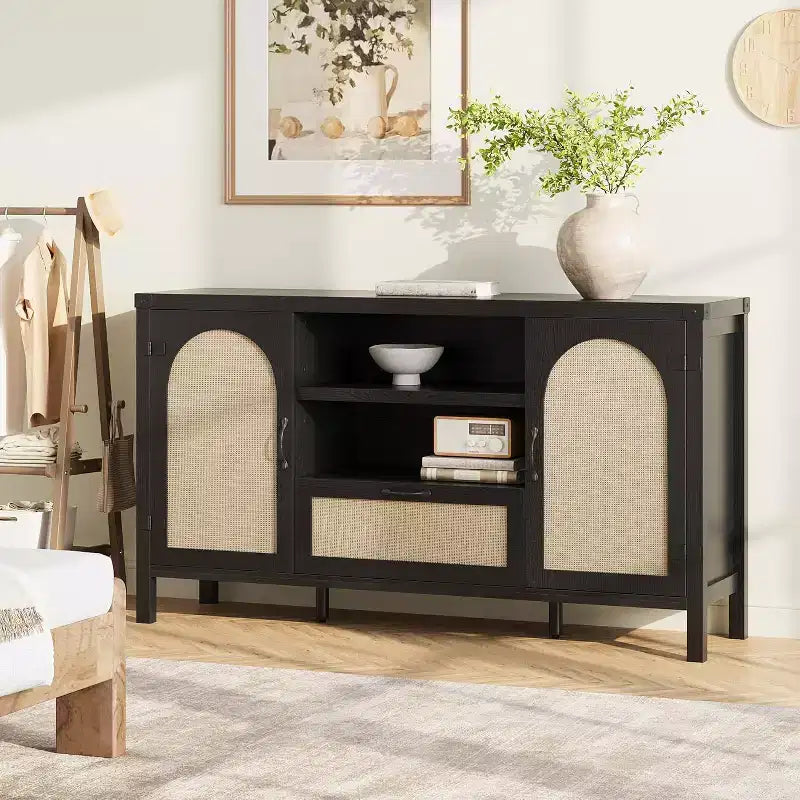 Sideboard Cabinet, 59.1 Rattan Farmhouse Buffet with Drawer & Open Shelves, Boho Storage for Dining Living Room
