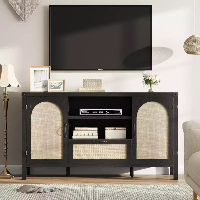Sideboard Cabinet, 59.1 Rattan Farmhouse Buffet with Drawer & Open Shelves, Boho Storage for Dining Living Room