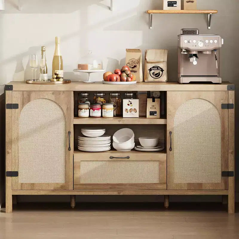 Sideboard Cabinet, 59.1 Rattan Farmhouse Buffet with Drawer & Open Shelves, Boho Storage for Dining Living Room