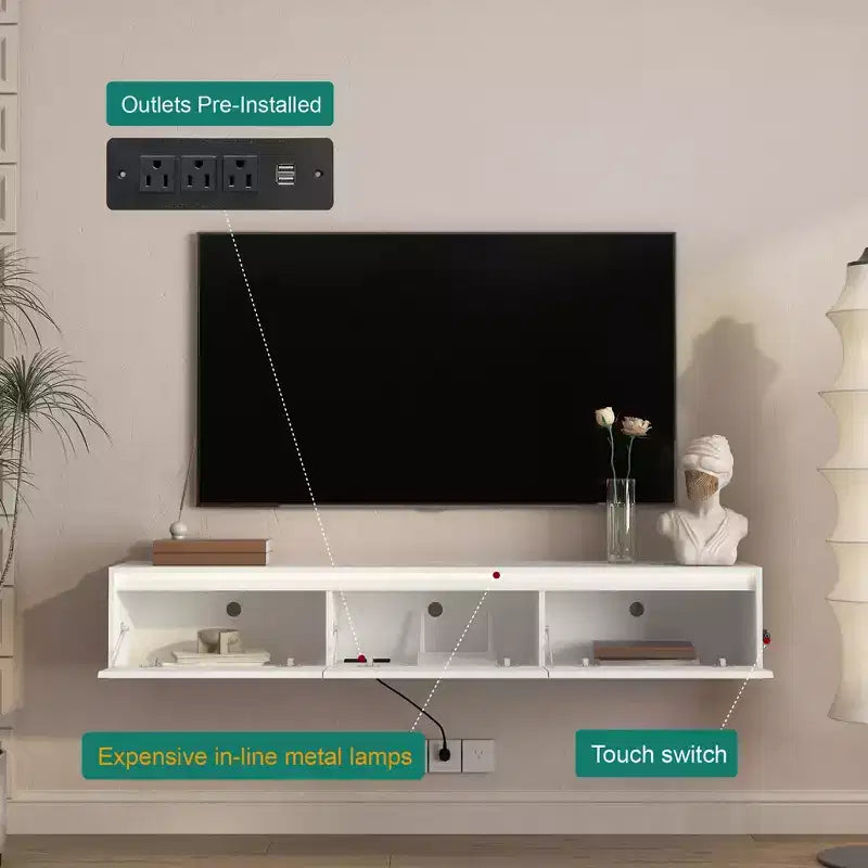 Floating TV Stand, Wall Mounted TV Shelf with LED Lights & Power Outlet, High Gloss TV Cabinet for Living Room