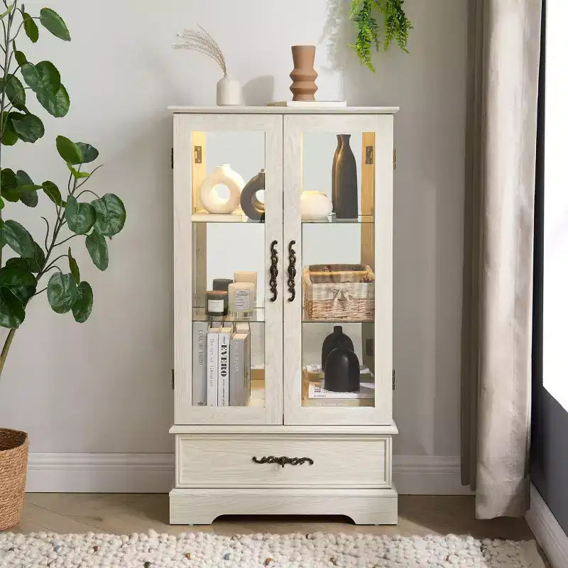 Glass Curio Display Cabinet with Light, Adjustable Shelves, and Vintage Drawer for Home Decor