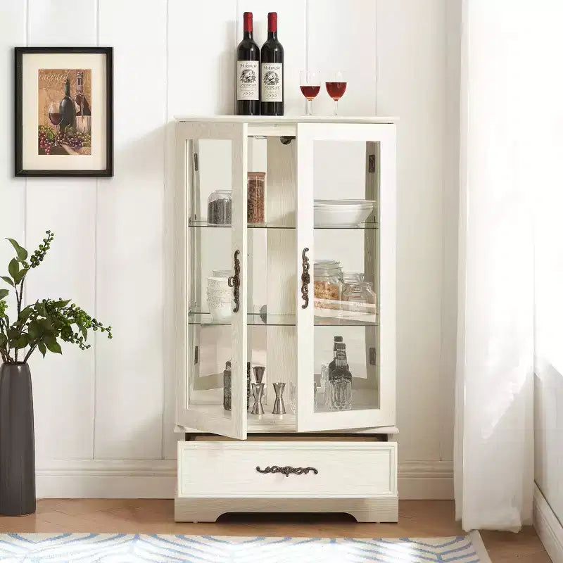 Glass Curio Display Cabinet with Light, Adjustable Shelves, and Vintage Drawer for Home Decor