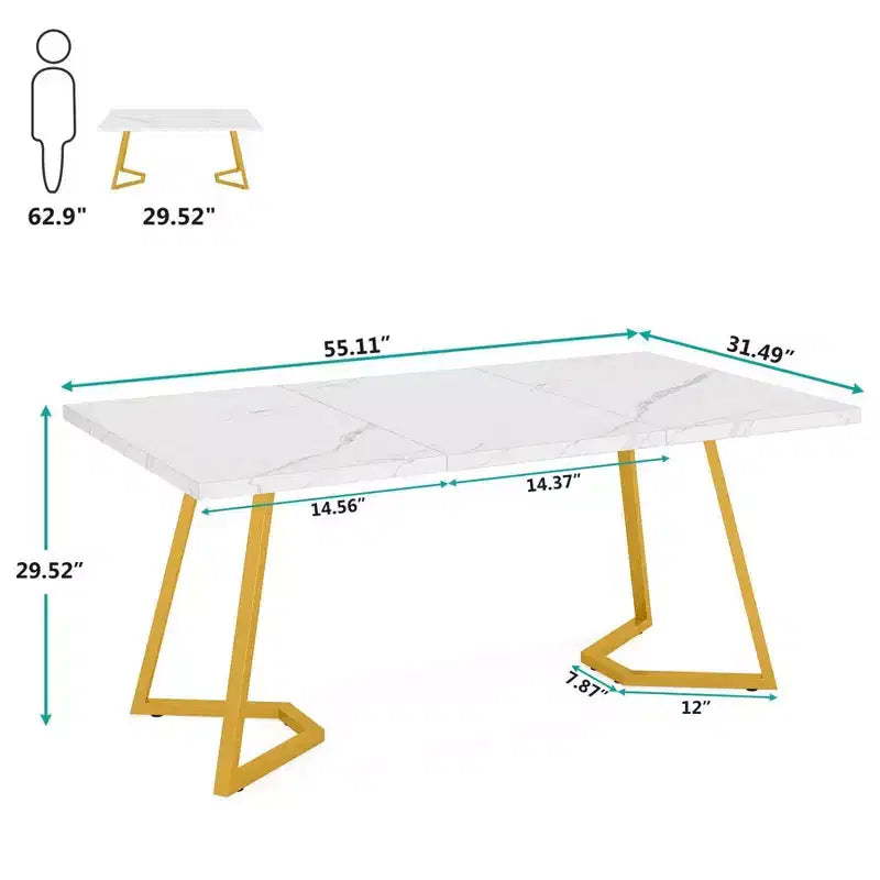55" Modern Rectangular Dining Table, White/Gold