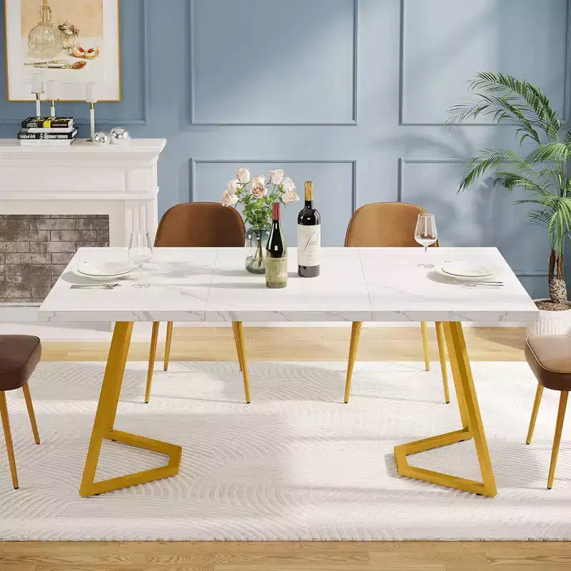 55" Modern Rectangular Dining Table, White/Gold