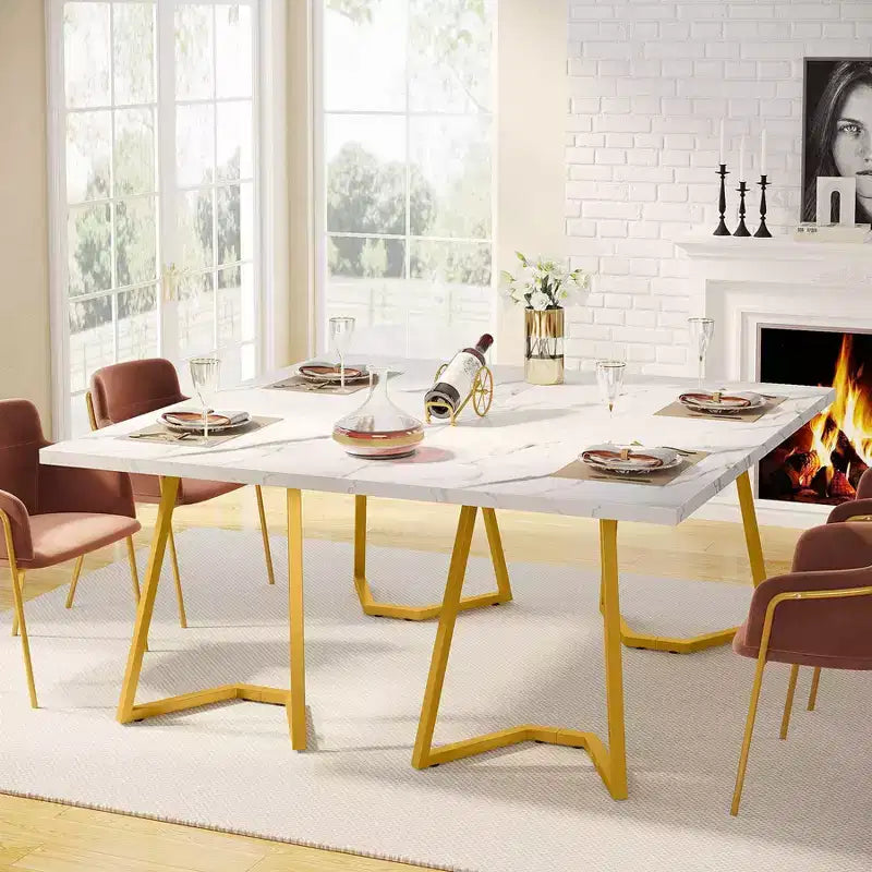 55" Modern Rectangular Dining Table, White/Gold